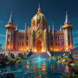 photorealistic beautiful palace of metroid prime. hyperdetailed photorealism, 1 0 8 megapixels, river, amazing depth, glowing rich colors, powerful imagery, psychedelic overtones, 3 d finalrender, 3 d shading, cinematic lighting, artstation concept art