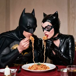 batman and catwoman eating spaghetti as in lady and the tramp, romantic, studio light, 8 5 mm