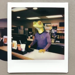 the lizard man from star trek working the front counter of mcdonald's ready to take your order, eighties polaroid, flash photography, photorealistic
