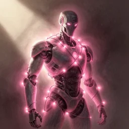 pink string lights wrapped around a cyborg, sketch illustration, disney concept art, soft glow, dappled light, portrait art, backlit, indie studio, fantasy, rim lighting, intense, powerful, emotional, powerful, epic composition, noise, texture, rule of thirds, dappled light,