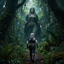 the witcher walking towards an ominous goddess in a densely overgrown, eerie jungle, fantasy, stopped in time, dreamlike light incidence, ultra realistic