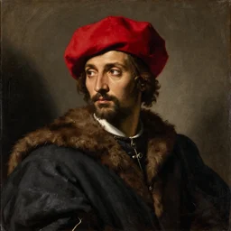 an oil paining by Titian of a man wearing a red hat, and a dark cloak with a fur collar. He is looking to the side, and his expression is serious. The background is a blur, and the colors are muted.
