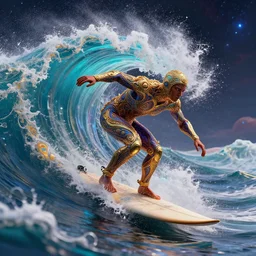 surfing on multicolor waves, digital art, cosmic, 3 d high definition, trending on art station, photorealistic, high resolution, v 8 k, octane, hyper detailed, insane details, intricate, elite, ornate, elegant trend, highly detailed and intricate, sharp focus, photography, unreal engine