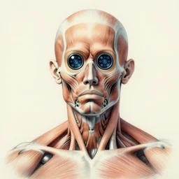 a portrait sketch of a biomechanical human, eyes replaced with an a array of sensors, muscle striation visible, 8k, color airbrush, by Simon Bisley