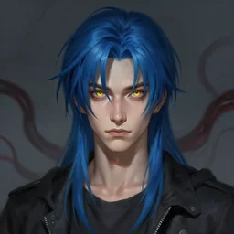 ilya kuvshinov with blue hair, yellow irises, professional digital painting, concept art, unreal engine 5, 8 k, cinematic, wlop, tendrils in the background, art by greg rutkowski, pixiv art, junji ito, yoshitaka amano