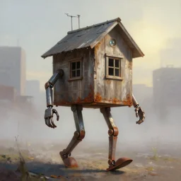 a walking wood and metal house with two mechanical legs and two glowing eyes and two hands, rust, hyperrealistic, pareidolia, highly detailed, cinematic, single ray of sun, fog, city in background, beautiful, cgssociety, artstation, 8 k, oil painting