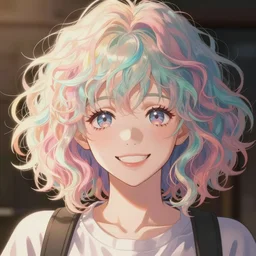 happy anime girl, messy curly pastel hair, harajuku fashion, clear clean face, face by lya kushinov, Avetetsuya Studios