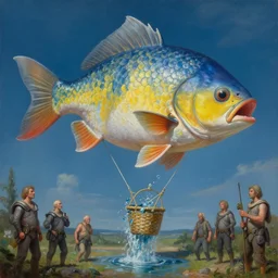 giant fish in the shape of an air balloon with water spilling out of the basket, very very beautiful, artstation hd, jacek yerka, alex gray, zdzisław beksiński, dariusz zawadzki, jeffrey smith and h.r. giger, oil on canvas, 8k highly professionally detailed, trending on artstation