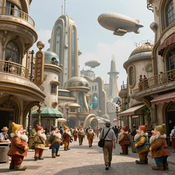a man-on-the-street photograph of a dwarven city with retrofuturist art deco architecture, the street is occupied by dwarves going to and from work, steampunk airships fly overhead, 4k, ultra realism, hyper detailed
