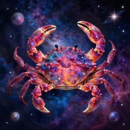 a crab made of stars in space, vibrant colors, nebulas and astral objects, elegant, very detailed, epic fantasy art, very colorful, ornate
