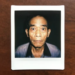 A old Vietnamese man with giant brows looking scared to the camera, polaroid photo, colored, award winning