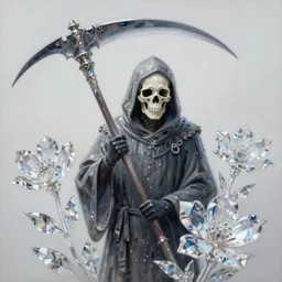 a beautiful artwork painting of a grim reaper with a skull face holding a giant scythe, crystal flowers underneath this feet, behind him tall mountains under a rainbow is seen, by andreas rocha, featured on artstation.