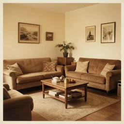 1 9 6 0 s pictoresque living room, retro, vintage, brown, beige, yellow, old photograph, warm, cosy, nostalgic