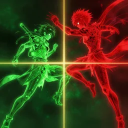 green fighting red, up or down, high intricate details, rule of thirds, golden ratio, cinematic light, anime style, art station, by greg rutkowski