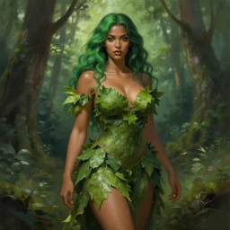 portrait of a forest mage, female, dress made of green leaves, alluring, green hair, brown skin, curves, forest background, digital painting, artgerm and greg rutkowski and alphonse mucha