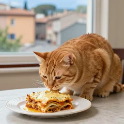 fat orange tabby cat eating lasagna on a table, afternoon, by frida kahlo, neighborhood outside window