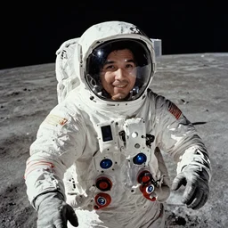 a selfie photograph of Neil Armstrong in the moon. Gopro. 8k. Shutterstock. Gettyimages. Hyper detailed. Sharp. Found footage. 60s. 18mm lens. Micro details.