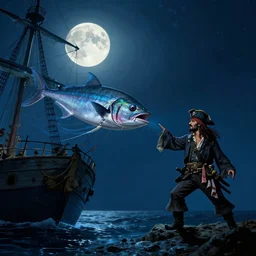 a giant anglerfish luring a pirate standing on a ship in the night with a full moon