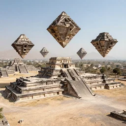 ruins of a mesoamerican aztec city in a desert, diamond structures and floating ruins