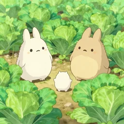 cute fluffy creatures in the cabbage garden by studio ghibli