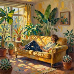 A cozy, warm living room, bathed in golden light, with many tropical plants and succulents, a figure is resting on an old couch, highly relaxing, sunday afternoon, living the good life, at peace, figurative oil on canvas by André Derain, Musée d'Orsay catalogue