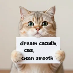 realistic high quality photo of a cute cat holding a sign with text that reads : dream caaats, cas, cas