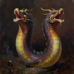 a dramatic oil painting of a two headed dragon eel