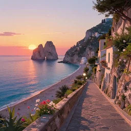 a wholesome cottagecore illustration of a lonely street on a cliff over the sea at sunset in capri island,  wide sandy beaches, studio Ghibli, Pixar and Disney animation, sharp, Rendered in Redshift and Unreal Engine 5 by Greg Rutkowski, Bloom, dramatic lighting, sunrise