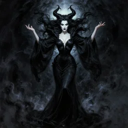 style of frank frazetta, arrgerm : : gorgeous willa holland : : evil witch, swirling black magic, black dress : : symmetrical face, symmetrical eyes : : full body pose : : gorgeous black hair : : magic lighting, low spacial lighting : :