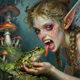 close up still of a Horrifying hyper realistic godlike fairy with sharp teeth eating a live a frog , detailed mushroom village in the background , low angle, Greg rutkowski legendary matte painting, post-processing, fantasy , masterpiece , junji ito, painting , vibrant colors