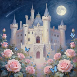 highly detailed venetian rococo painting of a castle, pastel roses and blue butterflies in the foreground, night time, the moon on the top right, shooting star, volumetric lighting, realistic, fantasy, pastel, symmetrical, digital painting, in the style of kehinde wiley, alphonse muca, artem demura