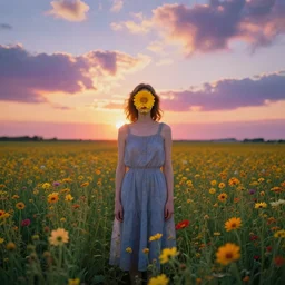 woman with a flower face standing in flower field, surreal photography, photo manipulation, sunrise, impressionism, colorful clouds, artstation, simon stalenhag