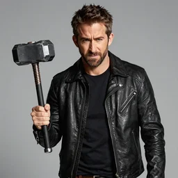 high quality portrait of ryan reynolds frowning in a black leather jacket and black t - shirt catching thor's hammer