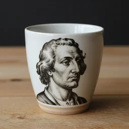 beautiful close - up studio photograph of a hand - thrown stoneware mug painted with albrecht durer self portrait on a wooden table, hyperrealism 8 k trending on artstation
