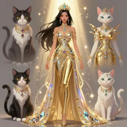 fashion concept spot illustrations from a cats and mulan crossover, cosplay, by nixeu, by artgerm, by greg rutkowski, iridescent and gold and crystal, fullbody, intricate jewelry, god rays, hyper detailed, character concept, glowing particulate, intricate, elegant, digital painting, artstation, smooth, sharp focus.