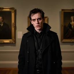 night portrait of a neurotic forty two year old british man ( ( ( vampire ) ) ) feeling confidant in a grungy museum f / 1. 4 hdr