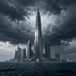 gigantic skyscaper standing alone in a giant sea, storm, thunder, dark, art