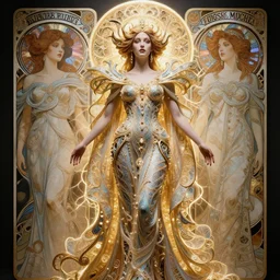 high priestess queen of jupiter by iris van herpen, zaha hadid and alphonse mucha. highly detailed, hyper - real, very beautiful, intricate fractal details, very complex, opulent, epic, glowing, trending on deviantart and artstation