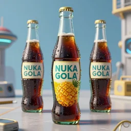 bottle of delicious pineapple flavoured nuka cola, unreal engine, retro futurism, dieselpunk, 3 d art, concept art, highly detailed, pop art, by artgerm and jakub rozalsky