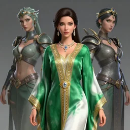 a beautiful woman  wearing a green and white  kaftan made of silk with golden ornaments and diamonds jewelry by alex gray and android jones , Karol Bak, Ayami Kojima, Amano , concept art, character design, fantasy,3D, 8k resolution