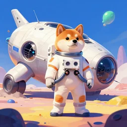 shiba inu astronaut standing on alien world, looking at her crash landed ship, epic scene, by victo ngai, kilian eng vibrant colours, dynamic lighting, digital art, winning award masterpiece, fantastically beautiful, illustration, aesthetically inspired by beksinski and dan mumford, trending on artstation, art by greg rutkowski, 8 k