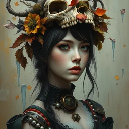 full body wide shot portrait of beautiful steampunk girl by irakli nadar with intricate detailed color smashing fluid oil paint and acrylic, dried moss and dried autumn leaves skull headdress, melting wax, mycelia, abstract impressionism, ruan jia, dark fantasy, hyper detailed, concept art, by gustav klimt,