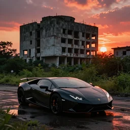 lamborghini hurracane, on the background brutalist architecture by le corbusier, abandoned buildings, empty streetscapes, surrounded by lush green vegetation, ground - level view, puddles of water, stunning volumetric lighting, sunset, trending on artstation, 8 k, photorealistic, hyper detailed, unreal engine 5, cinematic, epic lighting, cryengine, octane render, cyberpunk, red and orange glow, dark, gloomy