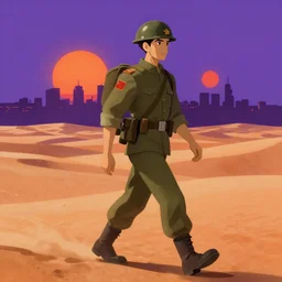cel shading background studio ghibli, soldier roaming through desert with city in the skyline, two suns, purple orange colors, sharp focus, illustration, highly detailed, digital painting, concept art, matte, art by wlop and artgerm and greg rutkowski, masterpiece