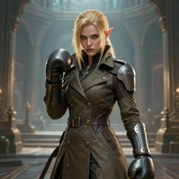 female half elf monk in a temple, tight trench coat, high tech boxing gloves, blonde hair, green eyes, concept art, key visual, realistic shaded perfect face, fine details, dystopian environment and background, by stanley artgerm lau, wlop, rossdraws, james jean, andrei riabovitchev, marc simonetti, and sakimichan, trending on artstation