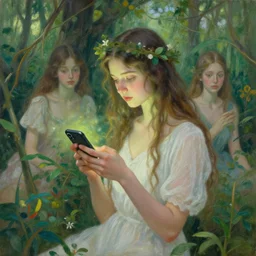 goddess of nature checking her phone, magic realism, art by josephine wall, art by huang guangjian, viktoria gavrilenko, art by amanda sage