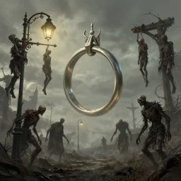 elden ring cg, dead bodies are hanging on street lamps and gallows, dark and twisted humanoid wandering around. artstation trending, greg rutkowski, james gurney, johannes voss, unreal engine, hyperdetailed, 4 k