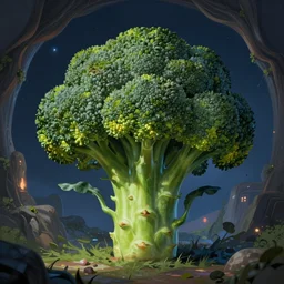 portrait of a broccoli in a magical portal, highly detailed, digital painting, artstation, night scene, wlop concept art, smooth, sharp focus, illustration, art by dreadjim, craig mullins and greg rutkowski, 8 k