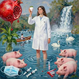 a tall female pathology student holding a white strawberry, a river flooding inside, medical supplies, medical mask, syringes, pathology sample test tubes, pigs, plants in glass vase, water, river, rapids, canoe, pomegranate, berries dripping, waterfall, swans, acrylic on canvas, surrealist, by magritte and monet