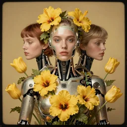 a beautiful ultradetailed vintage photo of nathalie emmanuel as a cybernetic cyborg, by tom bagshaw and natalie shau, portrait, vignette, 3 5 mm lens, golden ratio composition, detailed faces, studio photography, very detailed, robot overgrown with yellow hibiscus and tulips, artstation, 8 k, highly coherent